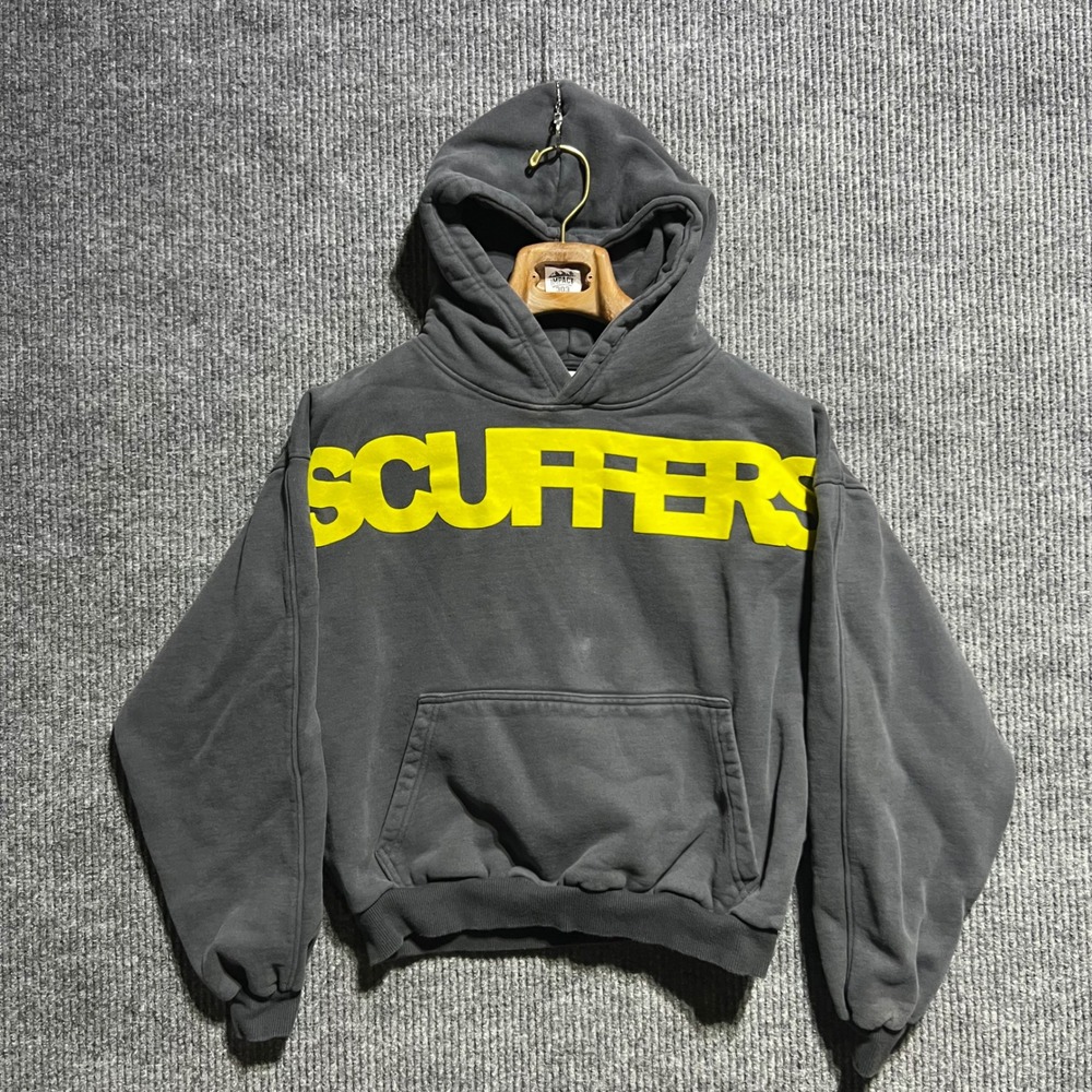 Scuffers Hoodie Mens S Grey Yellow Logo Heavyweight Cotton Streetwear Boxy Fit